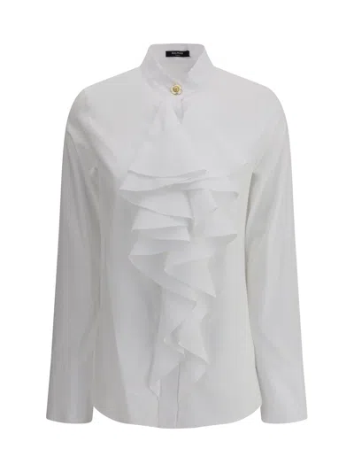 Balmain Women Poplin Ruffle Shirt In White