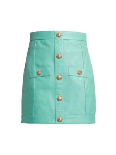 Balmain Women's Quilted Leather Skirt In Turquoise