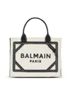 Balmain B-army Medium Shopper Tote Bag In Raffia And Leather In Grey