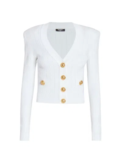 Balmain Women's Rib-knit Pad Shoulder Cardigan In Blanc