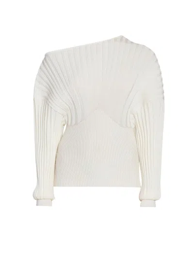 Balmain Women's Ribbed One-shoulder Sweater In White