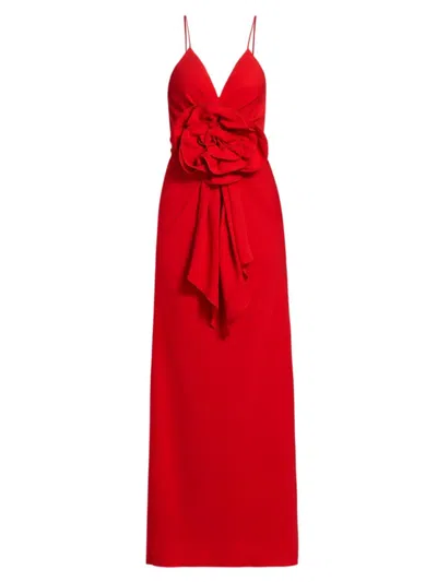 Balmain Rose Plunging Sleeveless Draped Maxi Dress In Red