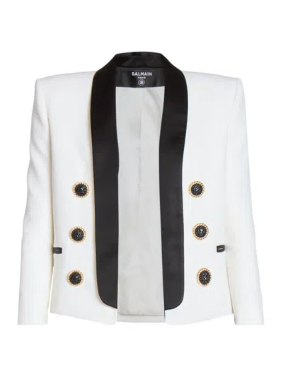 Balmain Women's Satin Lapel Wool Open Jacket In Blanc Noir