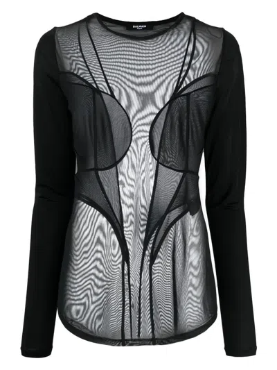BALMAIN WOMEN'S SEMI SHEER PANELLED TOP