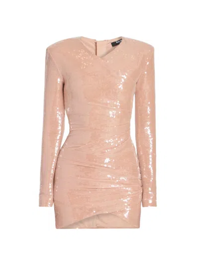 Balmain Sequined Long-sleeve Draped Bodycon Mini Dress In Pink