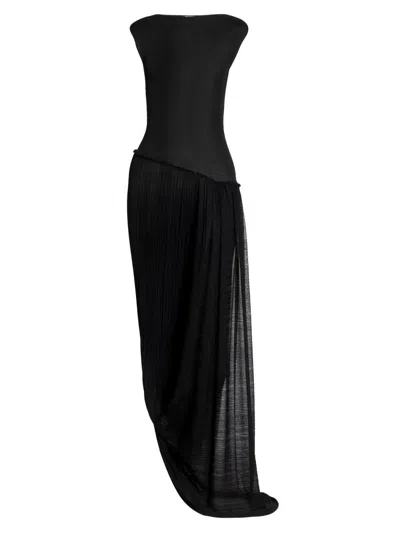 Balmain Long Draped Viscose Dress In Black