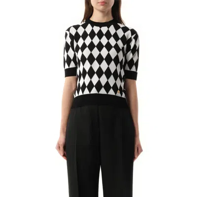 BALMAIN WOMEN'S SHORT SLEEVE DIAMOND INTARSIA KNIT TOP