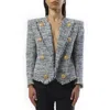 Balmain Spencer Button-embellished Frayed Cotton-blend Tweed Blazer In Blue
