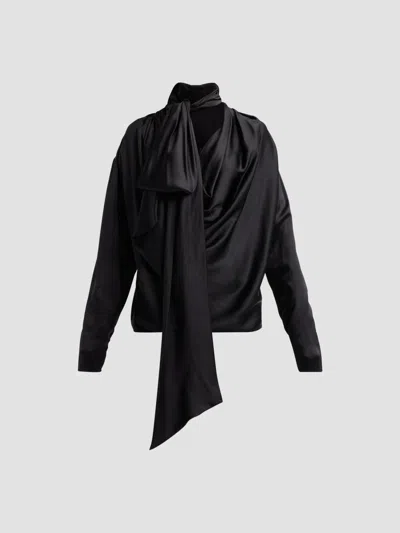Balmain Women's Silk Satin Draped Blouse In Black
