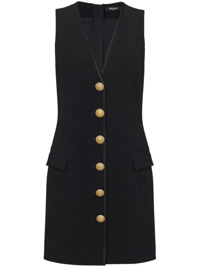 BALMAIN WOMEN'S SL V-NECK BUTTONED CREPE SHORT DRES