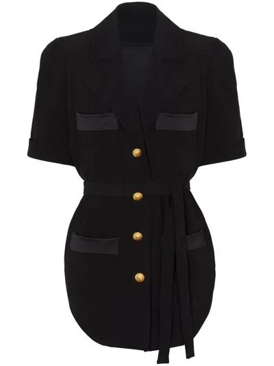 Balmain Belted Crepe Short-sleeve Shirt In Black