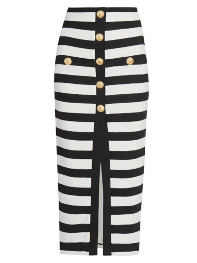 Balmain Women's Striped Cotton Midi-skirt In Noir Blanc