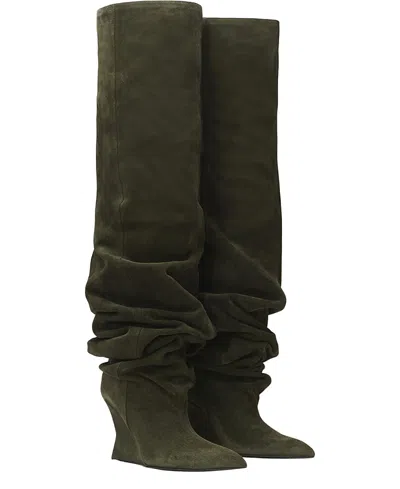 Balmain Suede Leather Wedge Thigh-high Boots In Green