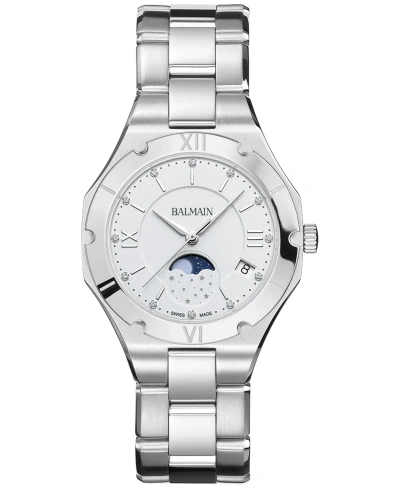 Balmain Women's Swiss Be  Moonphase Diamond (1/20 Ct. T.w.) Stainless Steel Bracelet Watch 33mm In Silver