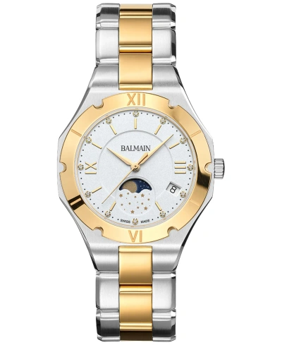 Balmain Women's Swiss Be  Moonphase Diamond (1/20 Ct. T.w.) Two-tone Stainless Steel Bracelet Watch 3 In Silver,yellow
