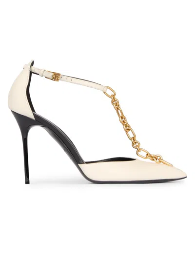 Balmain Women's Sync 95mm Chain-link & Leather T-strap Pumps In White