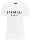 Balmain White Crewneck T-shirt With Logo Print And Golden Buttons In Jersey Woman In White