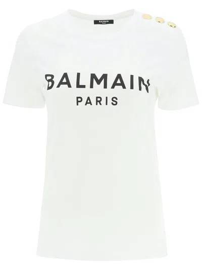 Balmain Women's T-shirt With Logo Print And Embossed Buttons In White