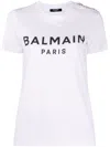 Balmain White Crewneck T-shirt With Logo Print And Golden Buttons In Jersey Woman In White
