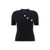 Balmain Wool Blend Top With V-neckline And Gold Metal Accents In Black