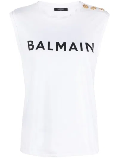 Balmain Logo Printed Sleeveless Top In White