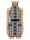 Balmain Cropped Button-embellished Gingham Knitted Top In Multicolour