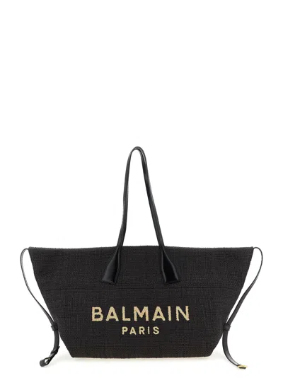 Balmain Women Track Shoulder Bag In Leather And Raffia In Black