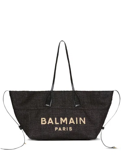 Balmain Women's Track Tote Bag In Raffia And Calfskin In Black