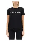Balmain Black Crewneck T-shirt With Logo Print And Golden Buttons In Jersey Woman In Black