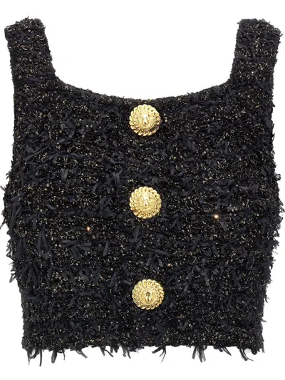 Balmain Women Tweed Cropped Top In Black