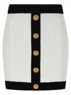 Balmain Button-embellished Two-tone Ribbed-knit Mini Skirt In White