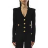 Balmain Black Ribbed Cardigan With Shoulder Pads And Logoed Metal Buttons In Black