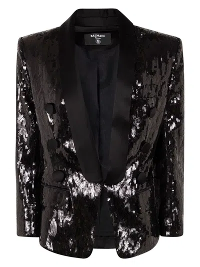 BALMAIN WOMEN'S V-NECK GLITTER SATIN TAILORED JKT