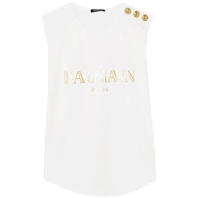 BALMAIN BALMAIN WOMEN WHITE BUTTON EMBELLISHED LOGO PRINTED TANK TOP/CAMI