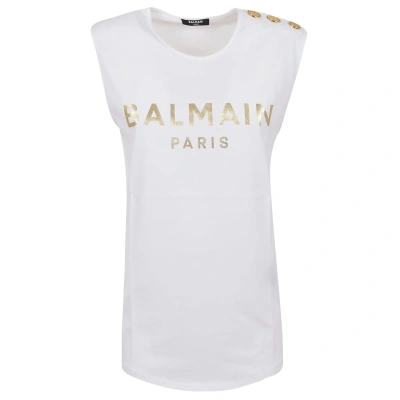Balmain Women's White Gold Branded Logo Sleeveless Tank T-shirt