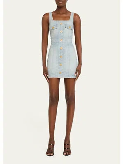 Pre-owned Balmain Womens Light Blue Accent Buttons Sleeveless Mini Sheath Dress 42