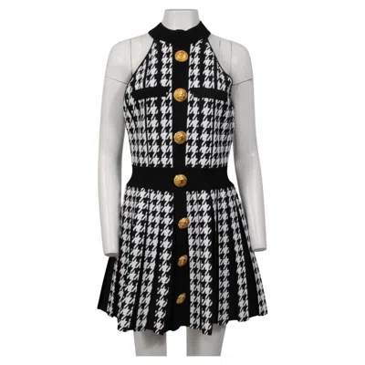 Pre-owned Balmain Womens Mini Dress Sleeveless Halter Top Houndstooth Siz Fr 46 Gold Black