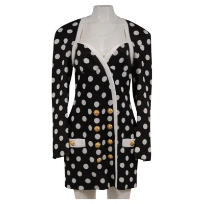 Pre-owned Balmain Womens Polka Dot Mini Dress Fr 42 Black White Gold Button Double Breast