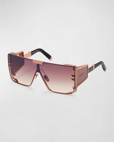 Balmain Wonder Boy Ltd Titanium & Acetate Shield Sunglasses In Rse Brn