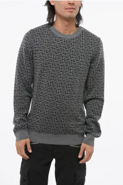 Balmain Wool And Linen Crew-neck Sweater With All-over Monogram In Gray