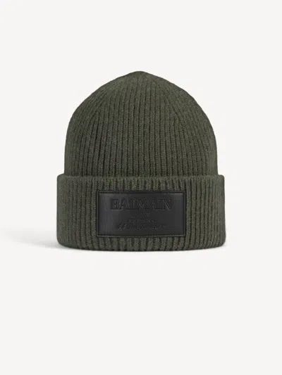 Balmain Wool Beanie With Leather  Vintage Label In Khaki