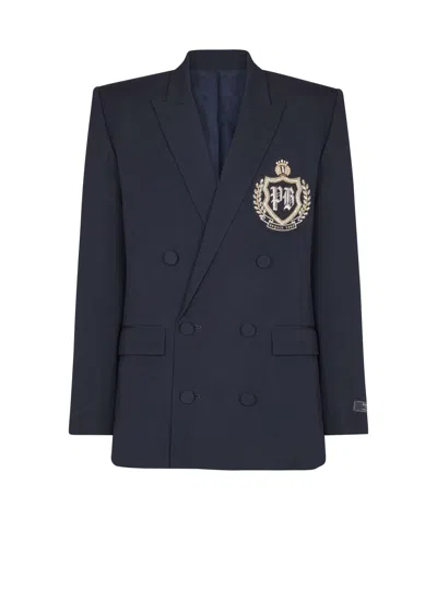 BALMAIN WOOL BLAZER WITH CRYSTAL PATCH