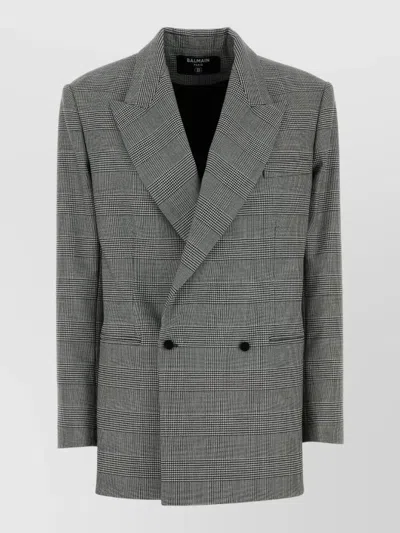 BALMAIN WOOL BLEND BLAZER CHECK BUTTONS LAPELS SHOULDERS