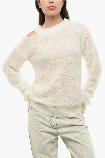 Balmain Wool Blend Crew-neck Sweater With Cut-out Detail And Golden In White