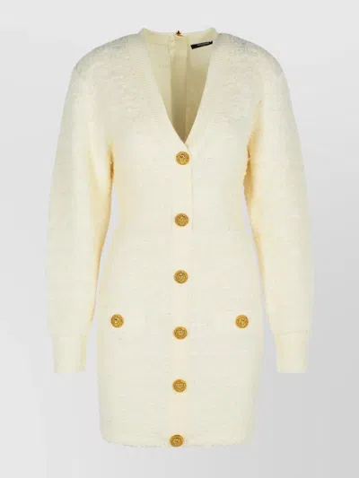 Balmain Wool Blend Dress V-neckline Long Sleeves In Neutral