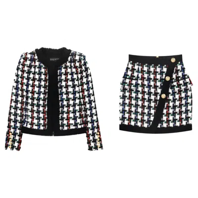 Pre-owned Balmain Wool Blend Houndstooth Tweed Jacket & Skirt Set In Black