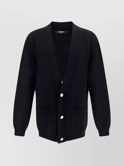 Balmain Wool Blend Logo Intarsia V-neck Cardigan In Black