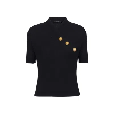 Balmain Wool Blend Top With V-neckline And Gold Metal Accents In Black