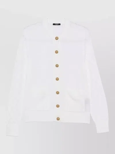 Balmain Wool Cardigan Diamond Sleeves Front Pockets In White