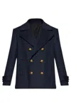 Balmain Merino Wool-blend Stripe Pea Coat In Blue